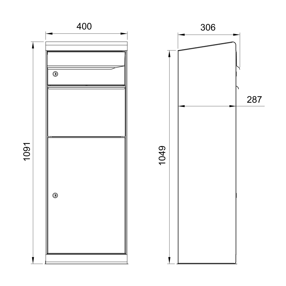 Dibujo técnico del buzón para paquetes Hazel