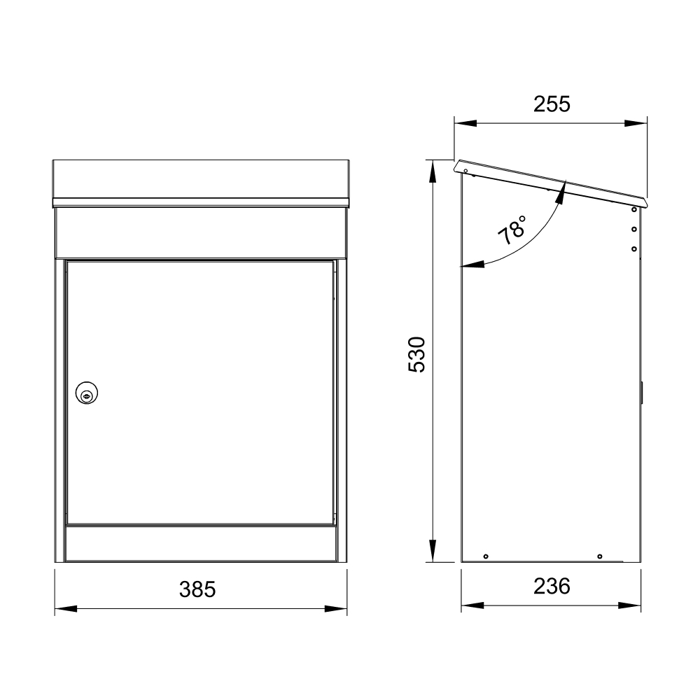 Dibujo técnico del buzón para paquetes Bosca con montaje en pared