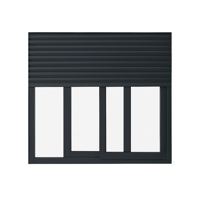 Balconera de aluminio con persiana enrollable en color negro, diseño elegante con aislamiento y control solar eficiente