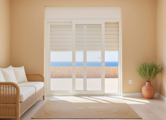 Balconera corredera con persiana exterior en color negro, combina diseño moderno con control de luz y privacidad