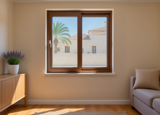 Ventana de aluminio en color chocolate, elegante y resistente, ideal para fachadas con estilo cálido y moderno Ventana de aluminio en color chocolate, elegante y resistente, ideal para fachadas con estilo cálido y moderno