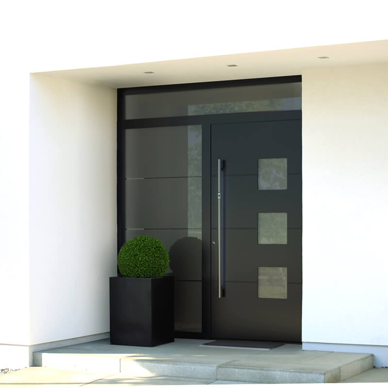 Puerta de entrada Barcelona en antracita con paneles de vidrio, panel lateral y claraboya