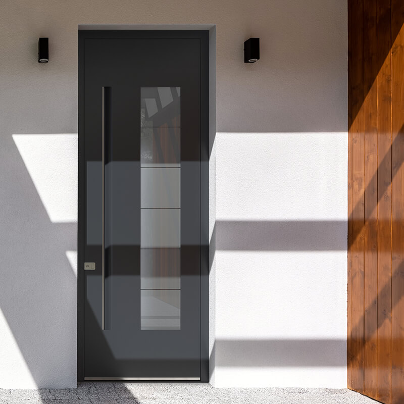 Puerta de entrada Móstoles en antracita con panel de vidrio en ejecución estrecha
