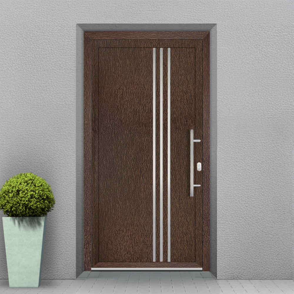 Puerta entrada exterior marrón en pared