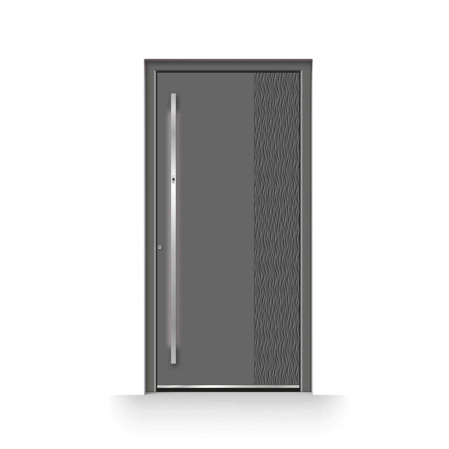 Puerta de entrada modelo Burgos en gris con carpintería decorativa