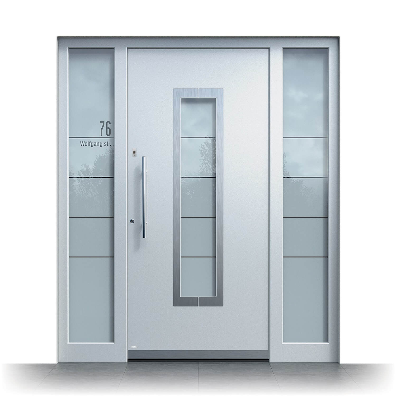 Modelo de puerta de entrada Madrid con paneles laterales en gris plateado