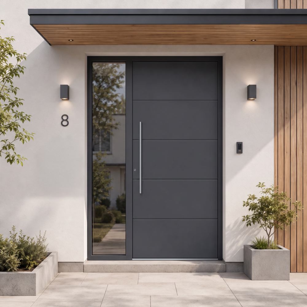 Puerta de entrada Schüco Benavente instalada: vista exterior